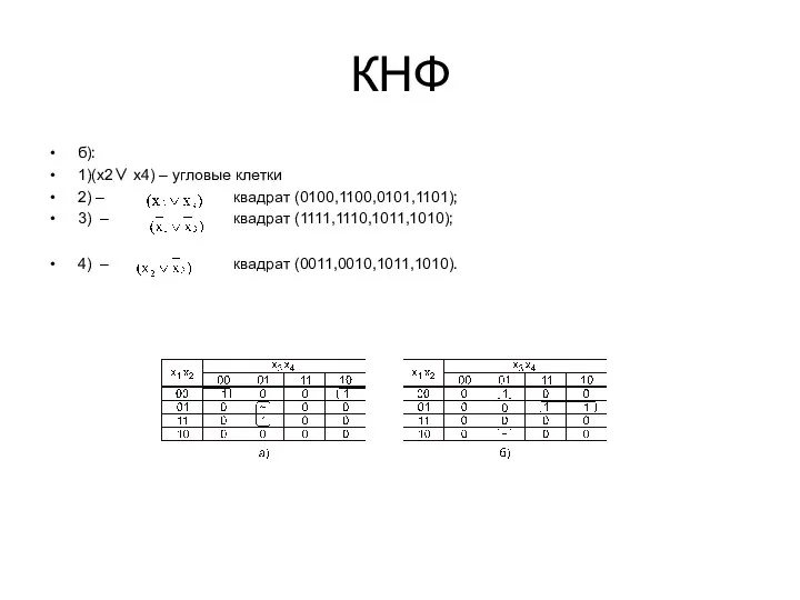 КНФ б): 1)(х2∨ х4) – угловые клетки 2) – квадрат