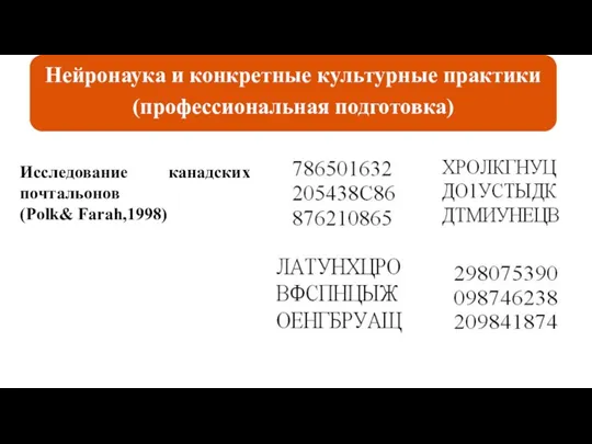 Исследование канадских почтальонов (Polk& Farah,1998) Нейронаука и конкретные культурные практики (профессиональная подготовка)