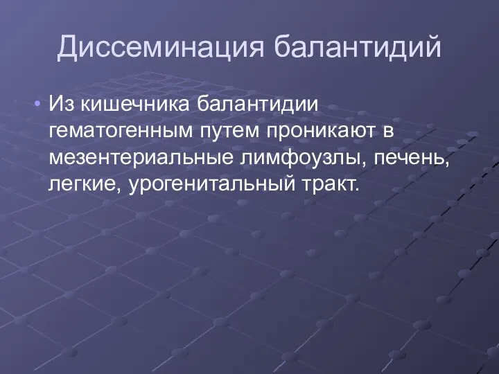 Диссеминация балантидий Из кишечника балантидии гематогенным путем проникают в мезентериальные лимфоузлы, печень, легкие, урогенитальный тракт.