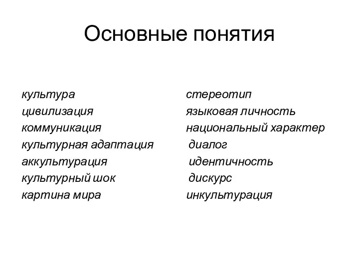 Основные понятия культура цивилизация коммуникация культурная адаптация аккультурация культур­ный шок