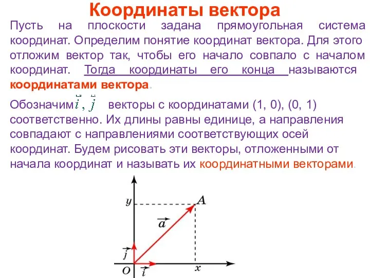 Координаты вектора Пусть на плоскости задана прямоугольная система координат. Определим