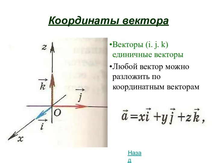 Координаты вектора Векторы (i. j. k) единичные векторы Любой вектор можно разложить по координатным векторам Назад