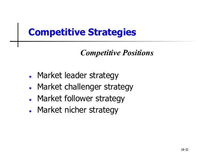 Competitive Strategies Competitive Positions Market leader strategy Market challenger strategy Market follower strategy