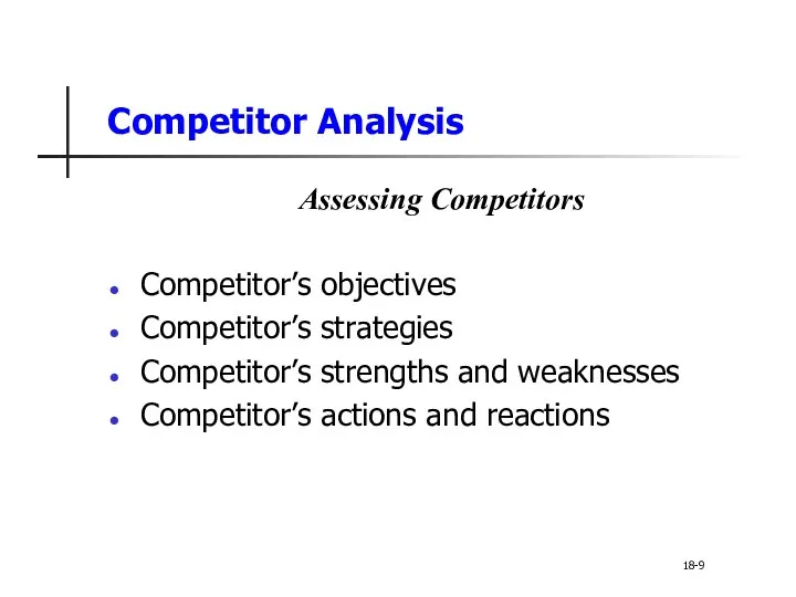 Competitor Analysis Assessing Competitors Competitor’s objectives Competitor’s strategies Competitor’s strengths and weaknesses Competitor’s