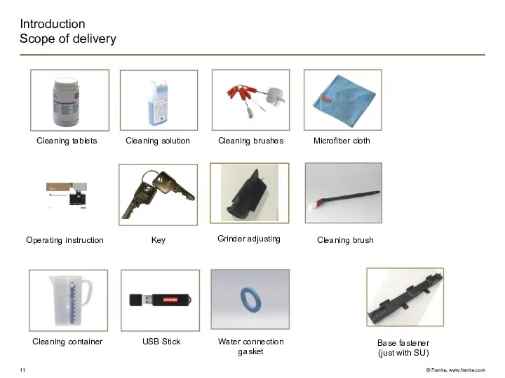 Introduction Scope of delivery Grinder adjusting Water connection gasket Cleaning