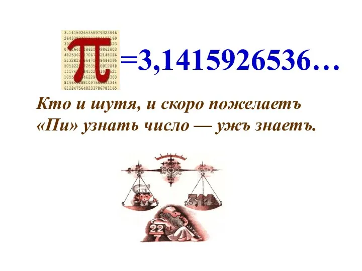 Кто и шутя, и скоро пожелаетъ «Пи» узнать число — ужъ знаетъ. =3,1415926536…