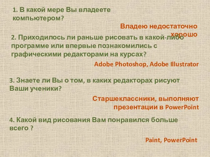 1. В какой мере Вы владеете компьютером? Владею недостаточно хорошо 2. Приходилось ли