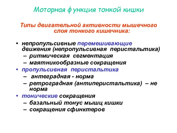 Моторная функция тонкой кишки Типы двигательной активности мышечного слоя тонкого