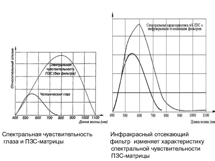 Спектральная чувствительность Инфракрасный отсекающий глаза и ПЗС-матрицы фильтр изменяет характеристику спектральной чувствительности ПЗС-матрицы