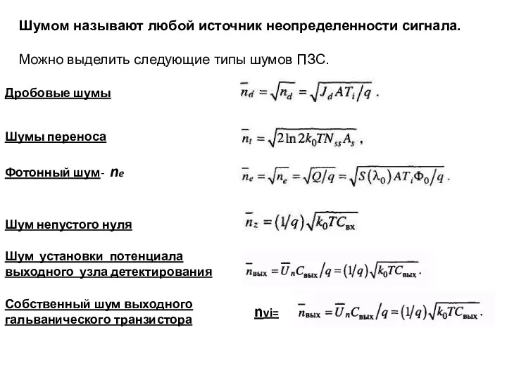 Дробовые шумы Шумы переноса Фотонный шум- ne Шум непустого нуля Шум установки потенциала