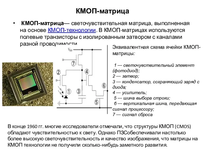 КМОП-матрица КМОП-матрица— светочувствительная матрица, выполненная на основе КМОП-технологии. В КМОП-матрицах используются полевые транзисторы