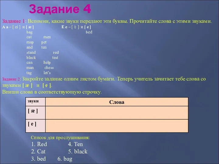 Задание 1: Вспомни, какие звуки передают эти буквы. Прочитайте слова