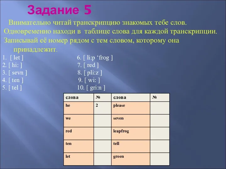 Внимательно читай транскрипцию знакомых тебе слов. Одновременно находи в таблице