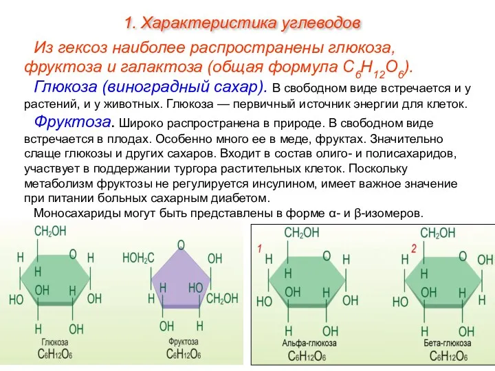 Из гексоз наиболее распространены глюкоза, фруктоза и галактоза (общая формула