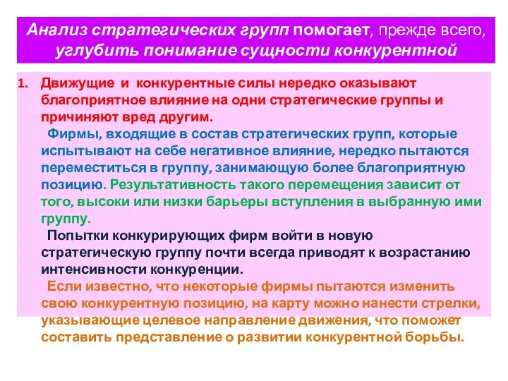 Анализ стратегических групп помогает, прежде всего, углубить понимание сущности конкурентной