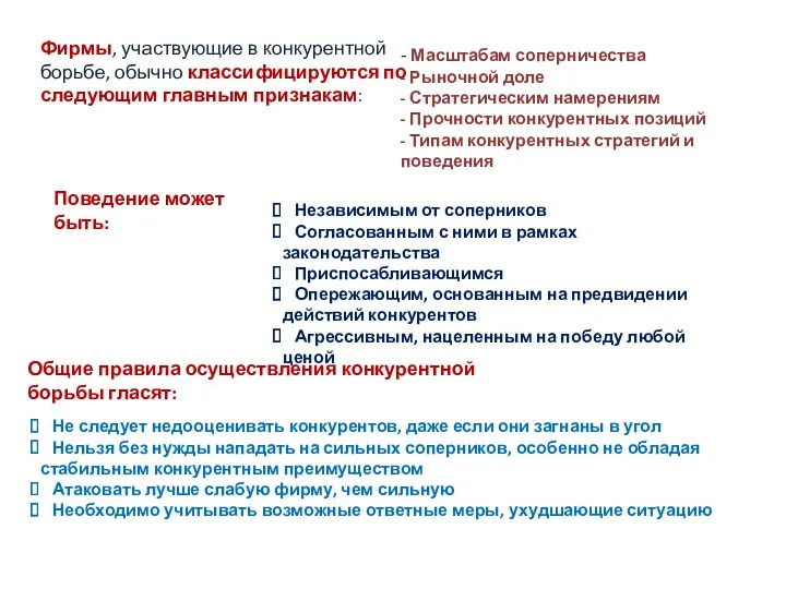 Фирмы, участвующие в конкурентной борьбе, обычно классифицируются по следующим главным