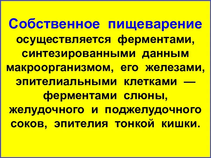 Собственное пищеварение осуществляется ферментами, синтезированными данным макроорганизмом, его железами, эпителиальными