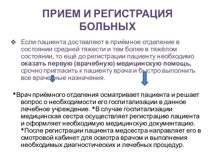 ПРИЕМ И РЕГИСТРАЦИЯ БОЛЬНЫХ Если пациента доставляют в приёмное отделение