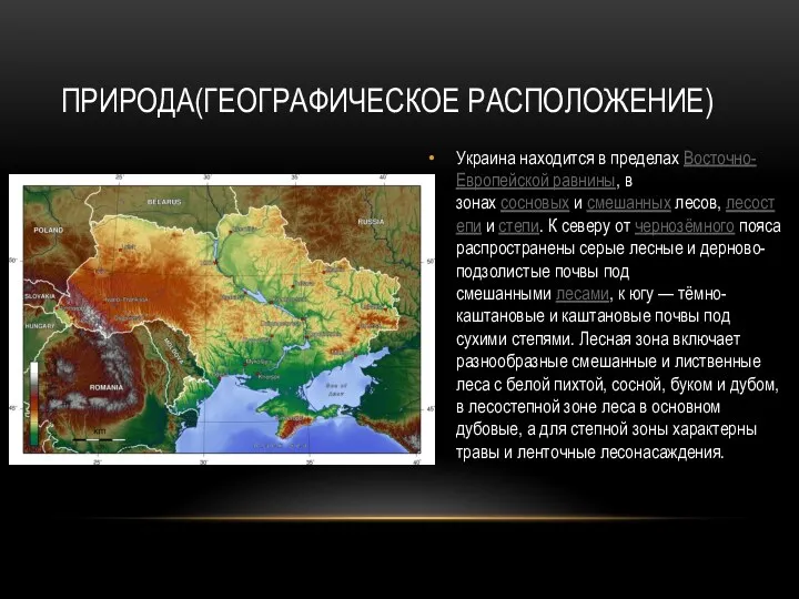 Украина находится в пределах Восточно-Европейской равнины, в зонах сосновых и