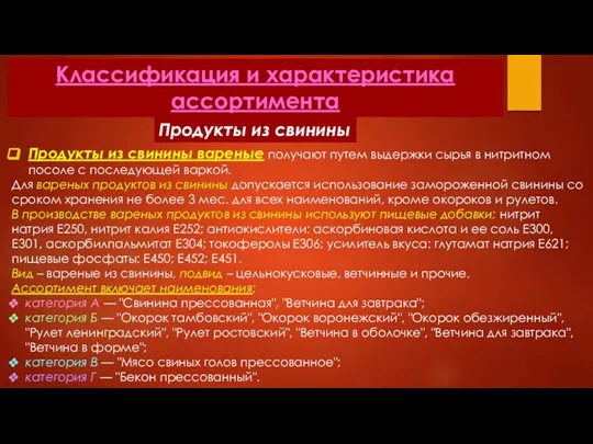 Классификация и характеристика ассортимента Продукты из свинины Продукты из свинины