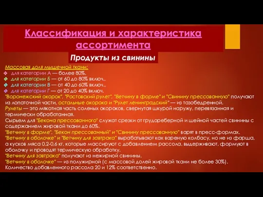 Классификация и характеристика ассортимента Продукты из свинины Массовая доля мышечной