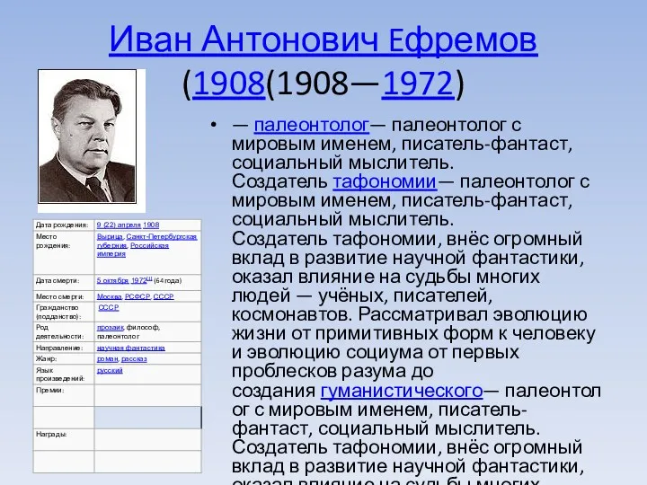 Иван Антонович Eфремов (1908(1908—1972) — палеонтолог— палеонтолог с мировым именем,