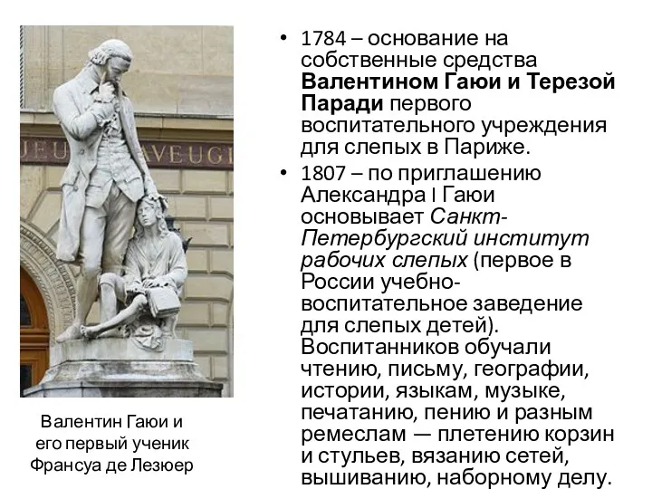 1784 – основание на собственные средства Валентином Гаюи и Терезой