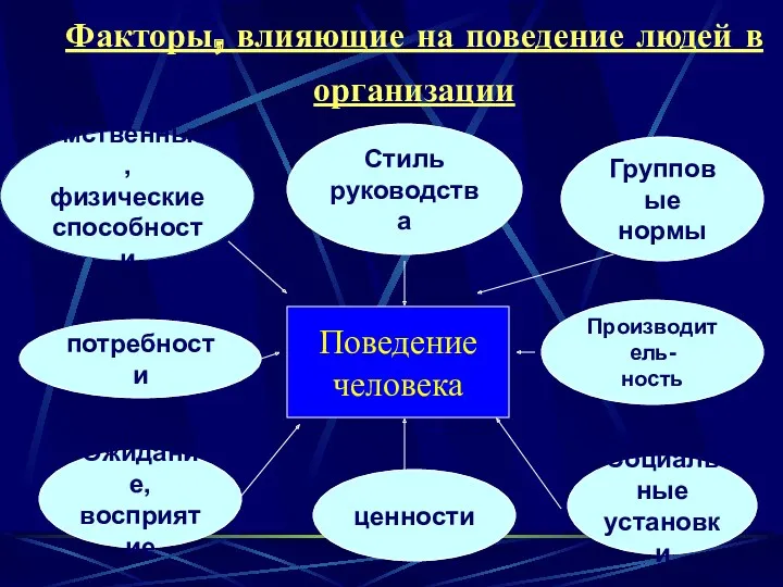 Факторы, влияющие на поведение людей в организации Умственные, физические способности