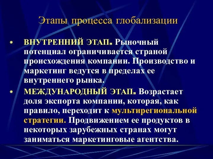 Этапы процесса глобализации ВНУТРЕННИЙ ЭТАП. Рыночный потенциал ограничивается страной происхождения