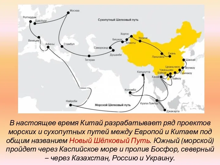 В настоящее время Китай разрабатывает ряд проектов морских и сухопутных