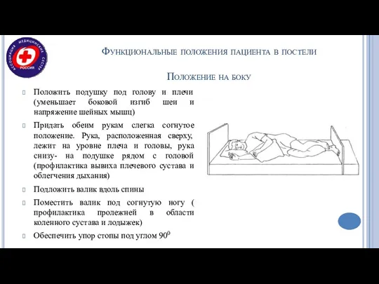 Функциональные положения пациента в постели Положение на боку Положить подушку