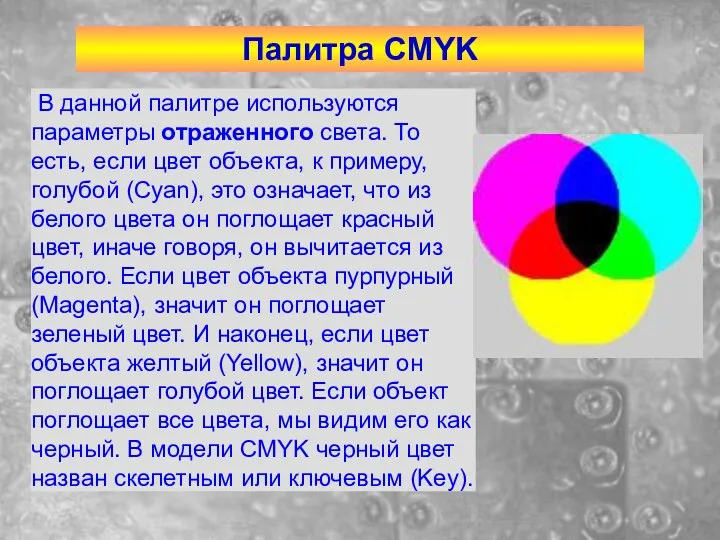 Палитра CMYK В данной палитре используются параметры отраженного света. То