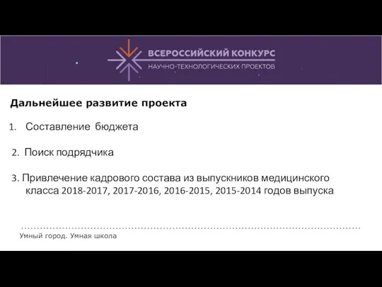 Дальнейшее развитие проекта Составление бюджета 2. Поиск подрядчика 3. Привлечение кадрового состава из