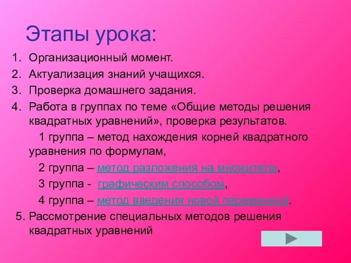 Этапы урока: Организационный момент. Актуализация знаний учащихся. Проверка домашнего задания.