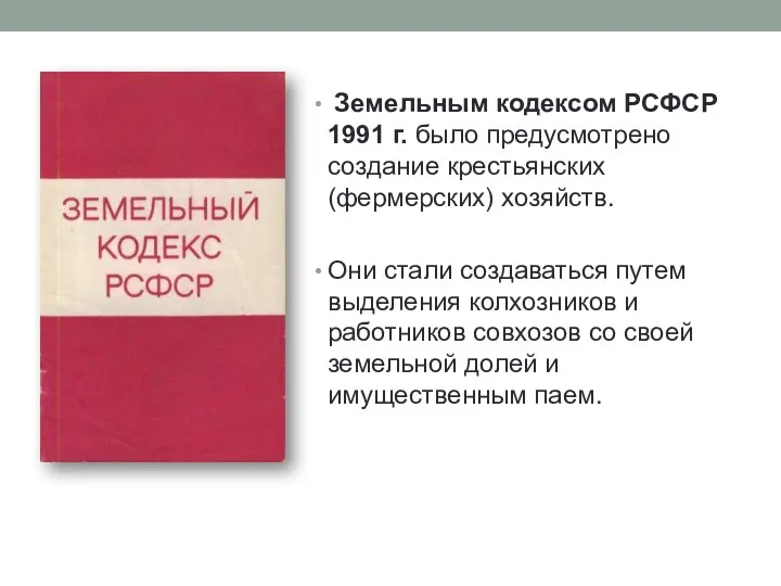 Земельным кодексом РСФСР 1991 г. было предусмотрено создание крестьянских (фермерских)