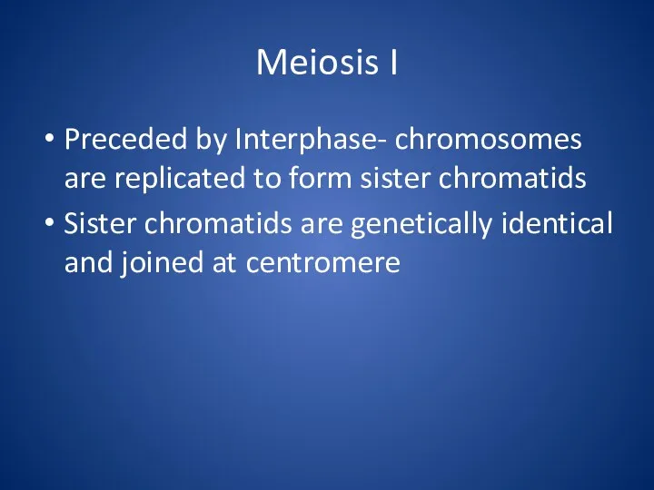 Meiosis I Preceded by Interphase- chromosomes are replicated to form sister chromatids Sister
