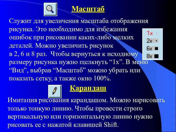 Масштаб Служит для увеличения масштаба отображения рисунка. Это необходимо для