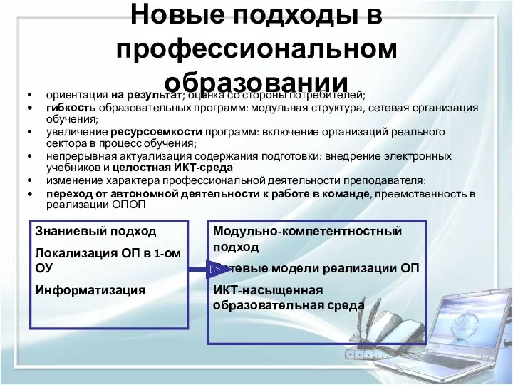 Новые подходы в профессиональном образовании ориентация на результат; оценка со