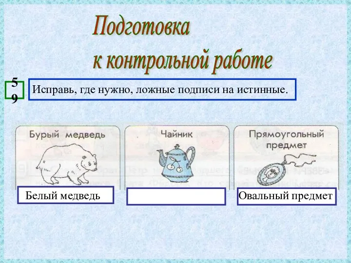 Подготовка к контрольной работе Исправь, где нужно, ложные подписи на истинные. 59 Белый медведь Овальный предмет