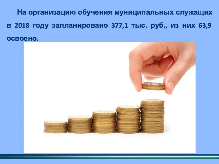 На организацию обучения муниципальных служащих в 2018 году запланировано 377,1 тыс. руб., из них 63,9 освоено.