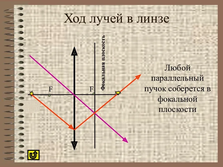 Ход лучей в линзе Любой параллельный пучок соберется в фокальной плоскости Фокальная плоскость F F