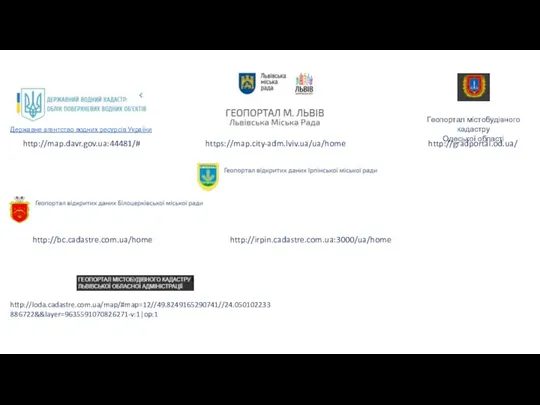 http://map.davr.gov.ua:44481/# Державне агентство водних ресурсів України http://loda.cadastre.com.ua/map/#map=12//49.8249165290741//24.050102233886722&&layer=9635591070826271-v:1|op:1 http://bc.cadastre.com.ua/home https://map.city-adm.lviv.ua/ua/home http://irpin.cadastre.com.ua:3000/ua/home http://gradportal.od.ua/ Геопортал містобудівного кадастру Одеської області