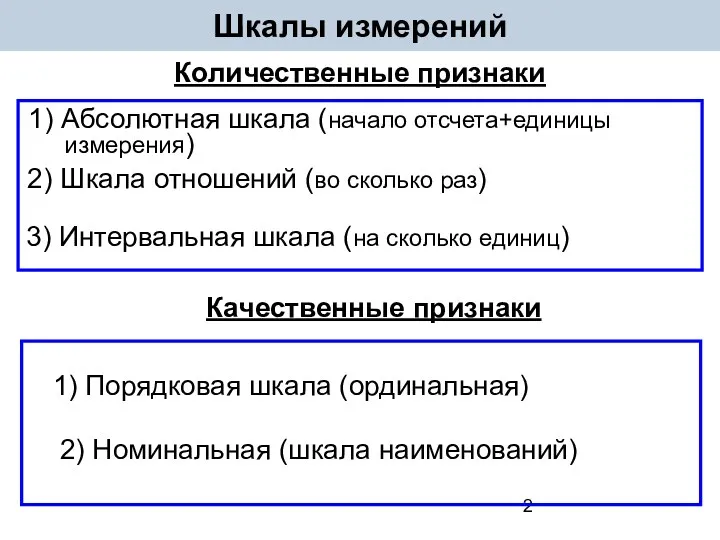 Шкалы измерений 1) Абсолютная шкала (начало отсчета+единицы измерения) Количественные признаки