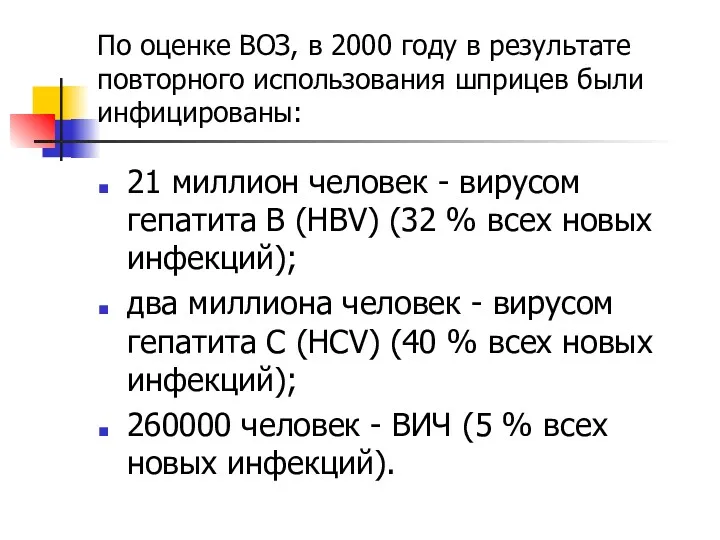 По оценке ВОЗ, в 2000 году в результате повторного использования