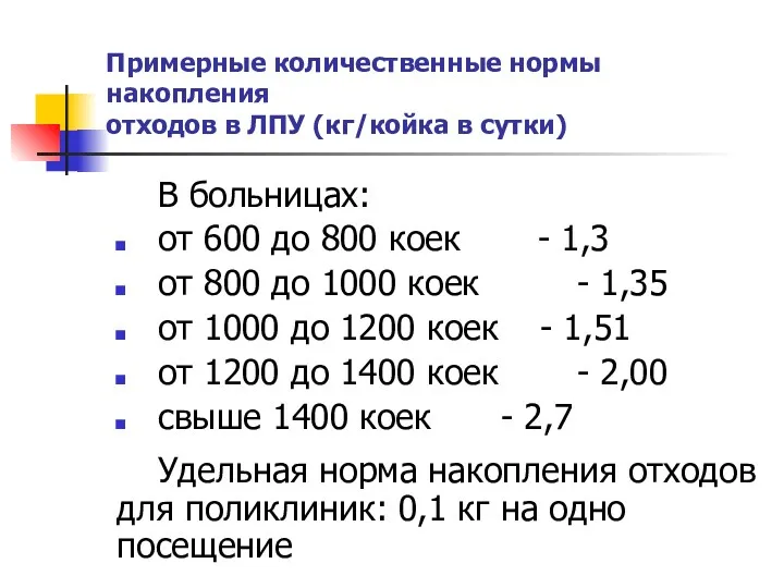 Примерные количественные нормы накопления отходов в ЛПУ (кг/койка в сутки)