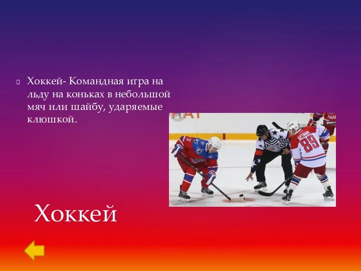 Хоккей- Командная игра на льду на коньках в небольшой мяч или шайбу, ударяемые клюшкой. Хоккей