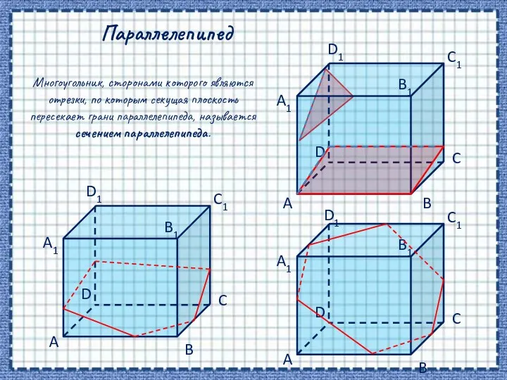 Параллелепипед Многоугольник, сторонами которого являются отрезки, по которым секущая плоскость пересекает грани параллелепипеда,