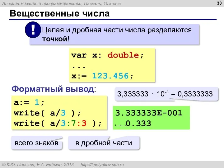 Вещественные числа var x: double; ... x:= 123.456; Форматный вывод: