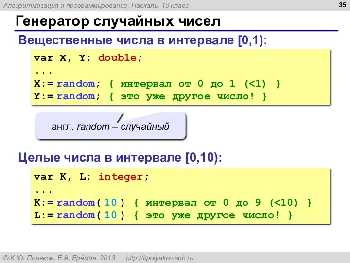 Генератор случайных чисел Вещественные числа в интервале [0,1): var X,