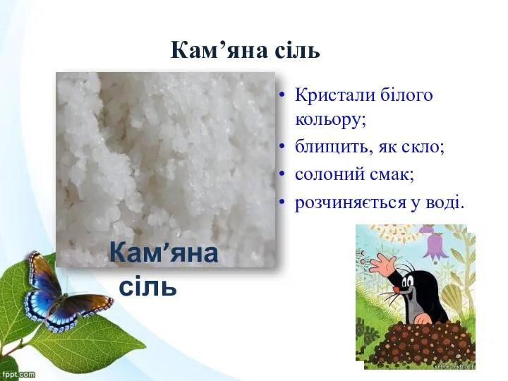 Кам’яна сіль Кристали білого кольору; блищить, як скло; солоний смак; розчиняється у воді. Кам’яна сіль